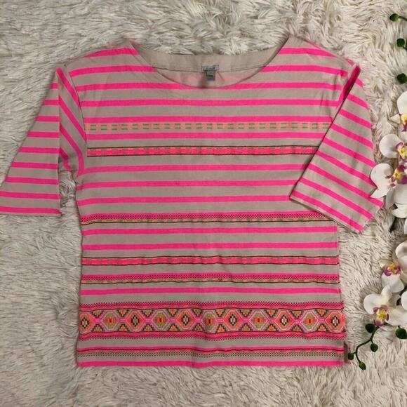 J. Crew Neon Pink Stitchwork Stripe top Embroidery 100% Cotton Size Medium - Picture 3 of 9
